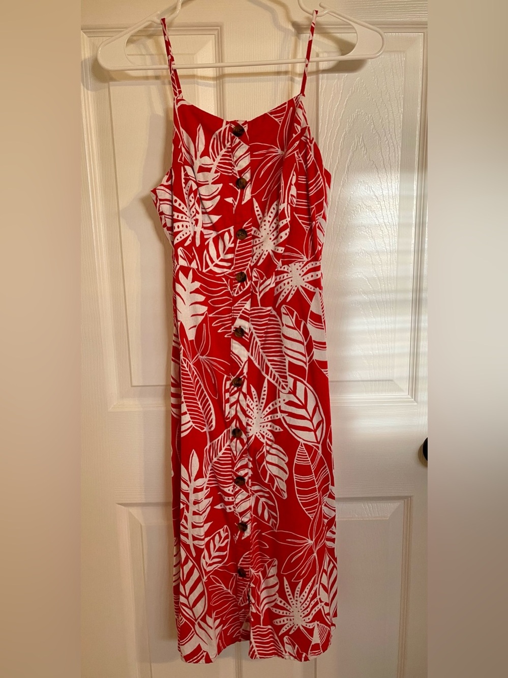 Old Navy Red Maxi Dress with White Tropical Leaf Print